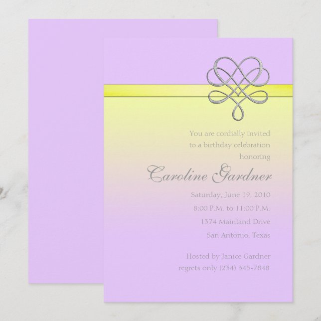 Lilac and Yellow Embellished Ribbon Invitation (Front/Back)