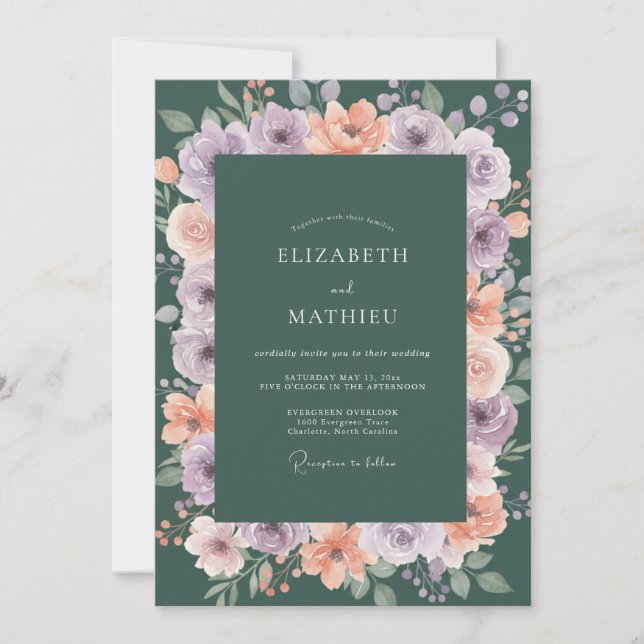 Lilac Apricot Teal Wreath Wedding Invitation (Front)
