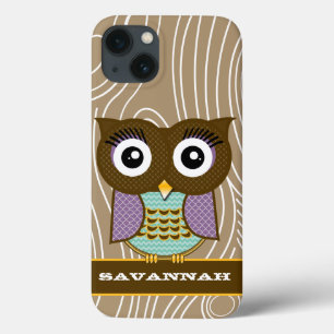 Lilac & Aqua Owl Wood Grain Zig Zag Choose Colours iPhone 13 Case