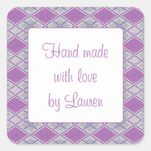 LILAC ARGYLE KNIT 1.5" Square "Hand Made" Stickers