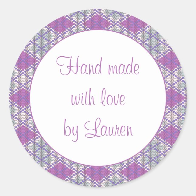 LILAC ARGYLE KNIT 3" Round "Hand Made" Stickers (Front)