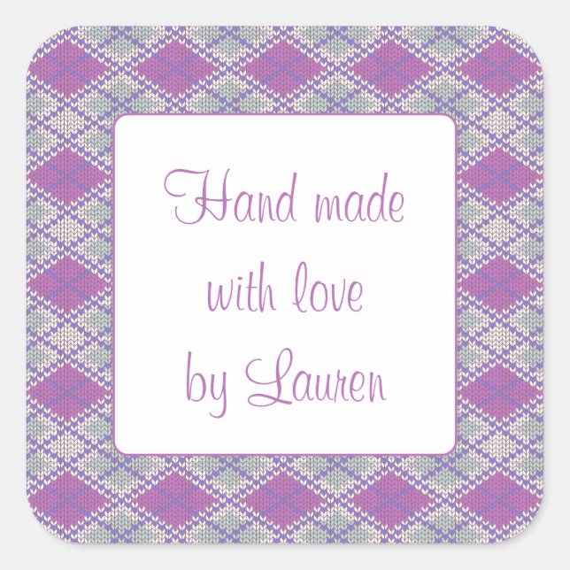 LILAC ARGYLE KNIT 3" Square "Hand Made" Stickers (Front)