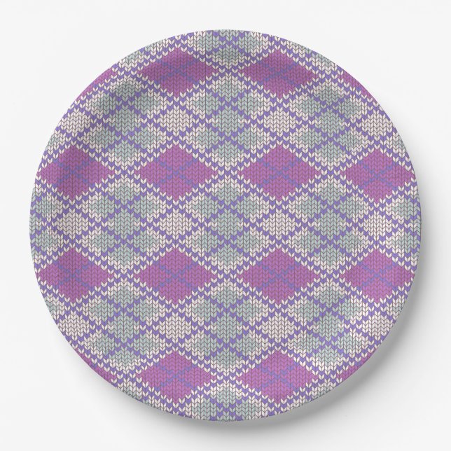 LILAC ARGYLE KNIT 9" Round Paper Plates (Front)