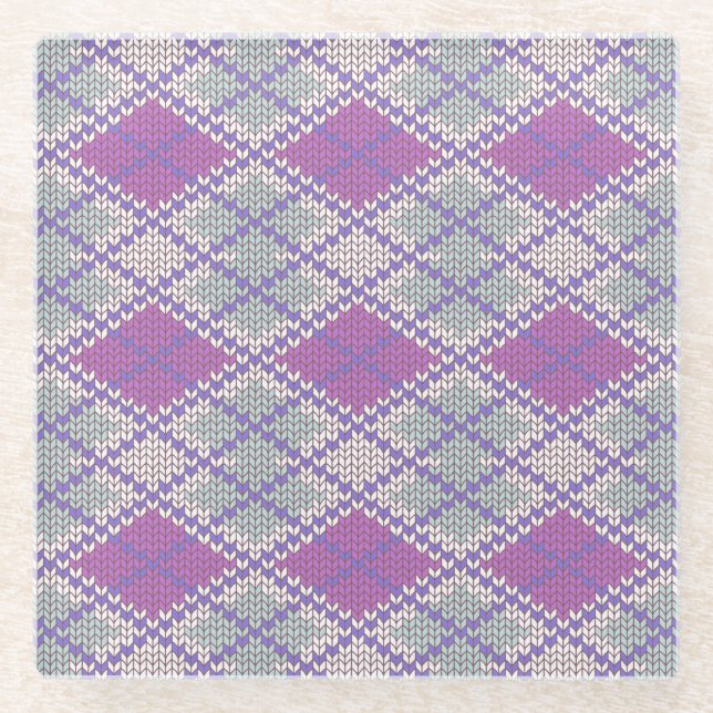  LILAC ARGYLE KNIT Glass Drink Coaster (Front)