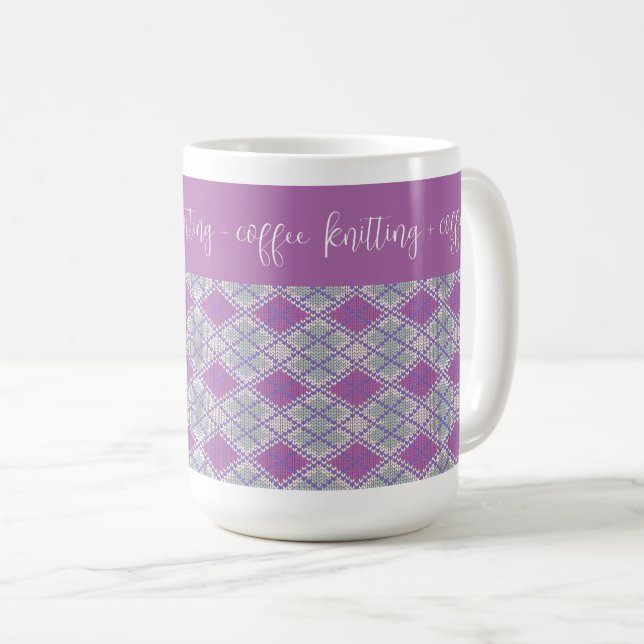 LILAC ARGYLE KNIT "knitting + coffee" Tall Mug (Front Right)
