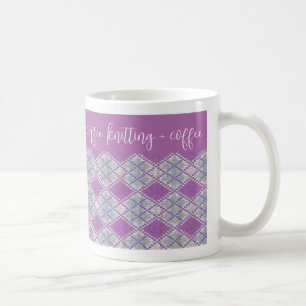 LILAC ARGYLE KNIT "knitting + coffee" White Mug