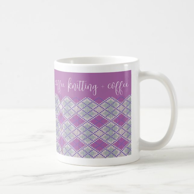 LILAC ARGYLE KNIT "knitting + coffee" White Mug (Right)