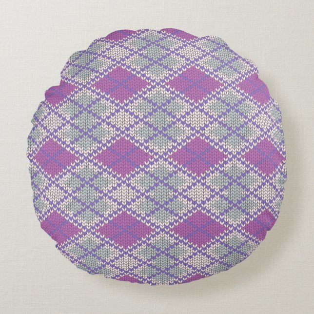 LILAC ARGYLE KNIT Round Throw Pillow (Front)
