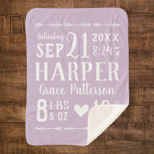 Lilac Baby Girl Birth Stats Keepsake Sherpa Blanket