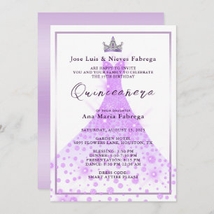 Lilac Ball Gown & Tiara Quinceañera Birthday Invitation
