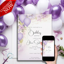 Lilac Balloons and Flowers QR Birthday
