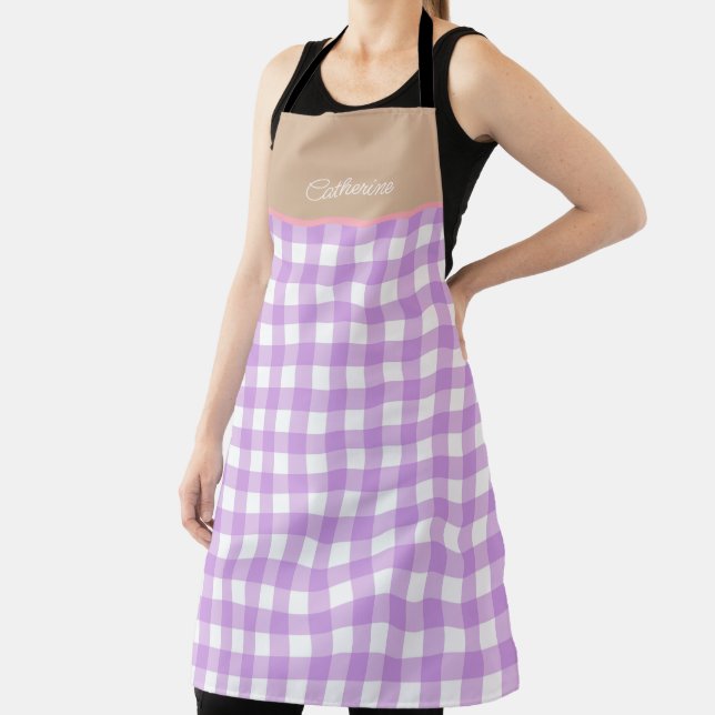 Lilac Beige Personalised Name Gingham Apron (Insitu)
