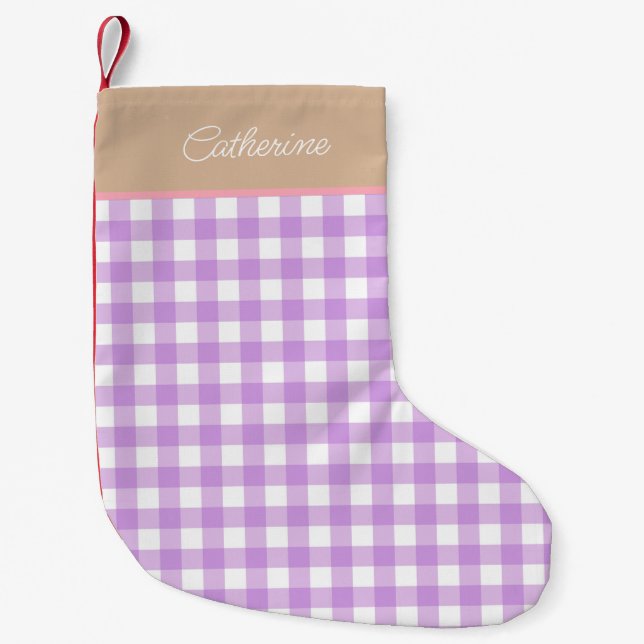 Lilac Beige Personalised Name Gingham Small Christmas Stocking (Front)