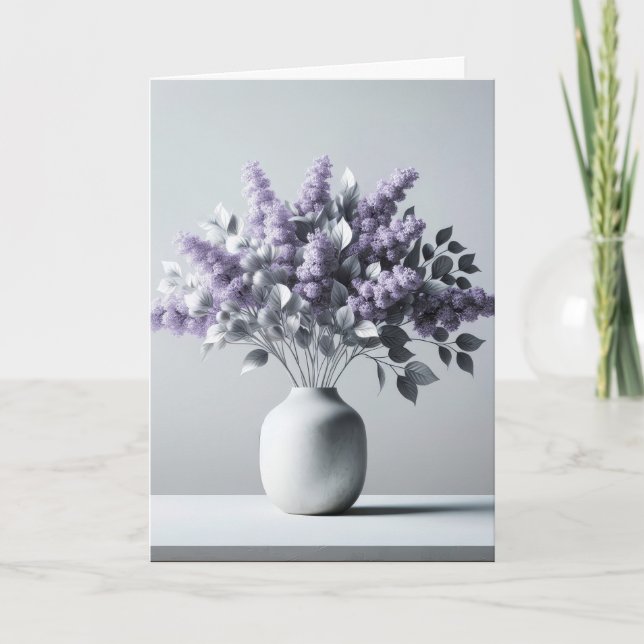 Lilac Birthday Bouquet With Silver Leaves Card (Front)