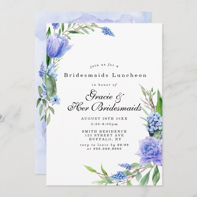 Lilac Blue Floral Bridesmaids Luncheon Invites (Front/Back)