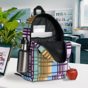 Lilac Blue Gold Green Plaid Pattern Printed Backpack