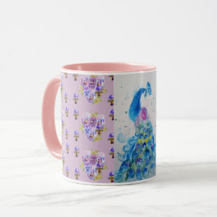 Lilac Blue Peacock mauve Watercolor Painting Mug
