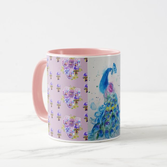 Lilac Blue Peacock mauve Watercolor Painting Mug (Front Left)
