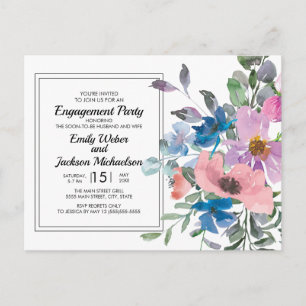 Lilac Blue Pink Watercolor Floral Engagement Party Postcard