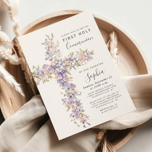 Lilac Blush Watercolor Floral Cross 1st Communion Invitation
