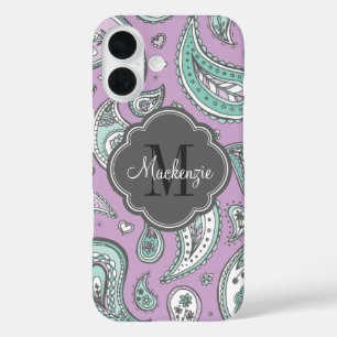 Lilac Bohemian Paisley Custom Monogram iPhone 16 Case