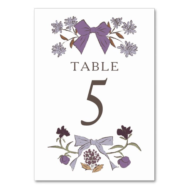 Lilac Boho Bows Wedding Table Number (Front)