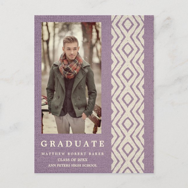 Lilac Boho Tribal Texture Photo Graduation Announcement Postcard (Front)