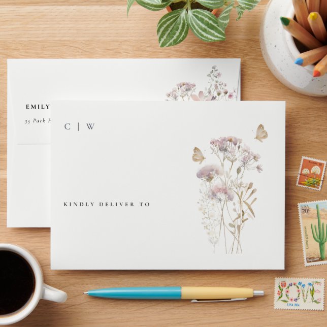 Lilac Boho Wildflower Fern Botanical Wedding Envelope (Desk)