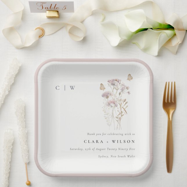 Lilac Boho Wildflower Fern Botanical Wedding Paper Plate (Wedding)