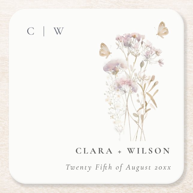 Lilac Boho Wildflower Fern Botanical Wedding Square Paper Coaster (Front)