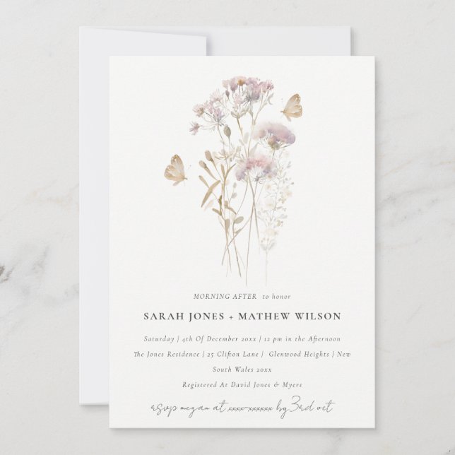 Lilac Boho Wildflower Fern Foliage Morning After Invitation (Front)