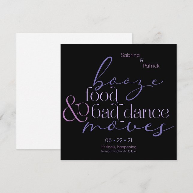 Lilac Booze Food Bad Dance Moves Save theDate Invitation (Front/Back)