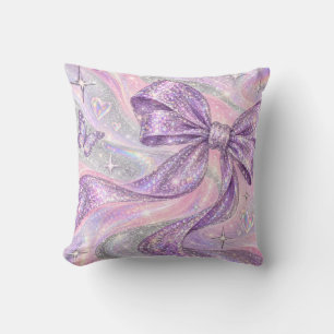 Lilac Bow Pink Holographic Faux Glitter Cushion