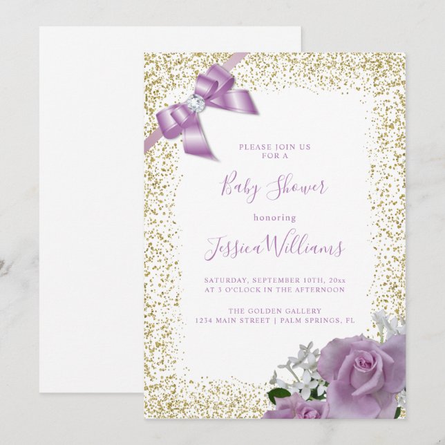 Lilac Bow & Roses, Gold Glitter Baby Shower Party Invitation (Front/Back)