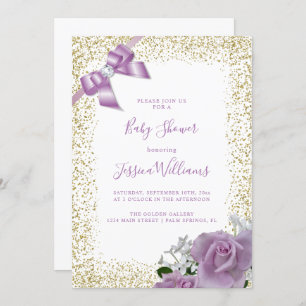 Lilac Bow & Roses, Gold Glitter Baby Shower Party Invitation