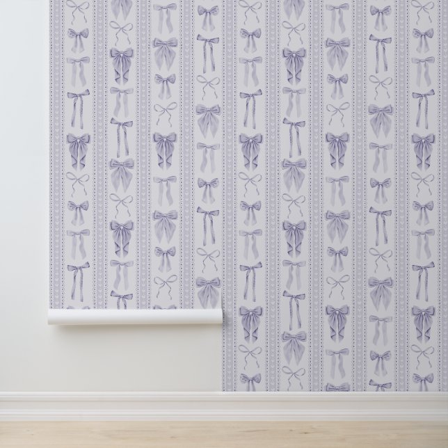 Lilac Bows with Lace Vertical Stripes Wallpaper (Application)