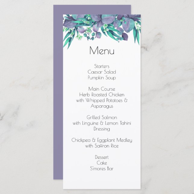 Lilac & Bright Green Botanical Wedding Menu (Front/Back)