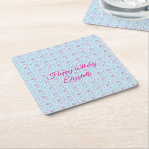 lilac buds and flower pattern Happy birthday Square Paper Coaster