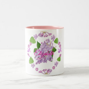 lilac buds circle around lilac flower watercolor Two-Tone coffee mug