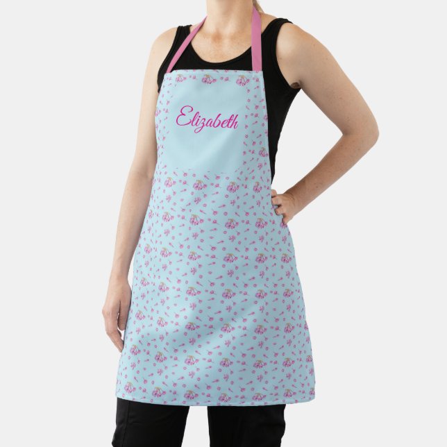 lilac buds watercolor pattern background blue apron (Insitu)