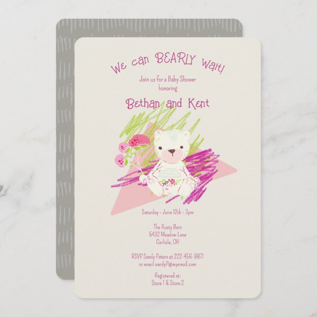 Lilac Burnished Boho Teddy Bear Baby Shower Invitation (Front/Back)