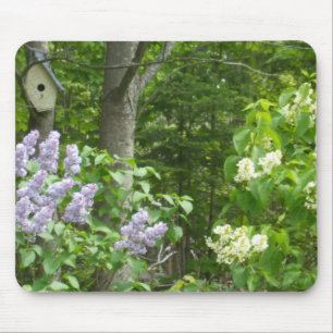 Lilac Bush and Bird House Mouse Pad