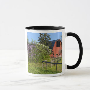 Lilac bushes in bloom and magpies in the trees mug