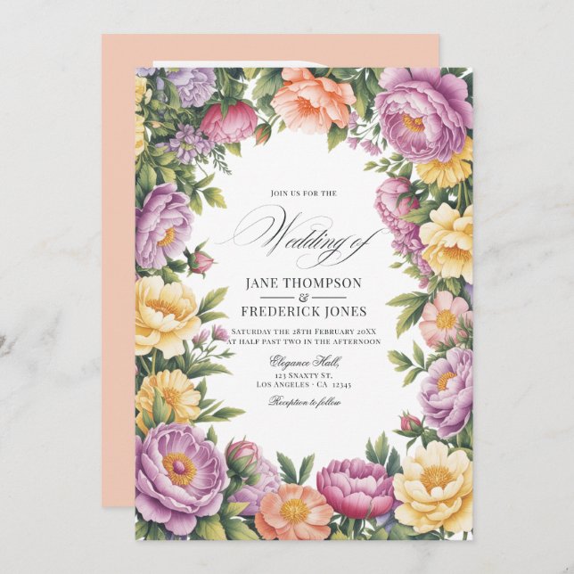 Lilac, Butter Yellow and Pale Coral Floral Wedding Invitation (Front/Back)