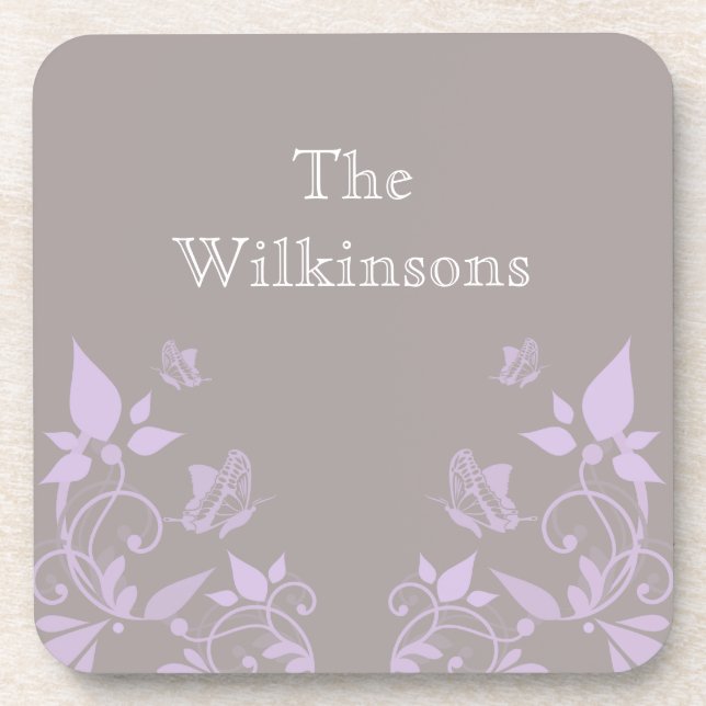 Lilac Butterfly Floral Coaster Set (Front)