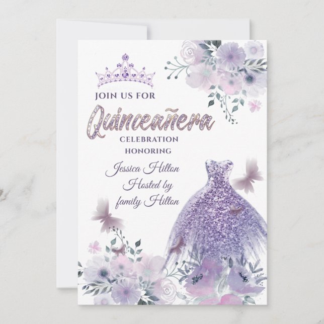 Lilac Butterfly floral garden tiara Quinceañera  Invitation (Front)