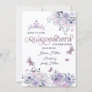 Lilac Butterfly floral garden tiara Quinceañera Invitation