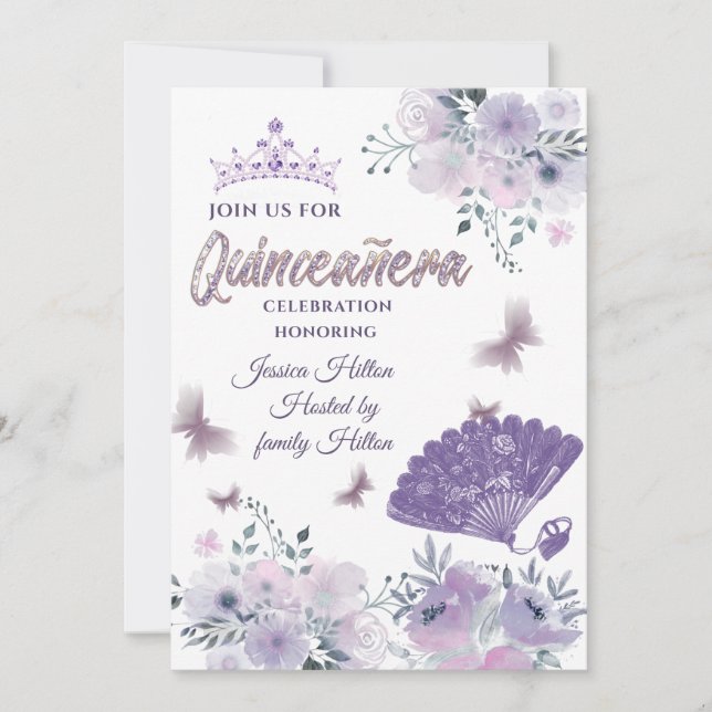 Lilac Butterfly floral hand fan tiara Quinceañera Invitation (Front)