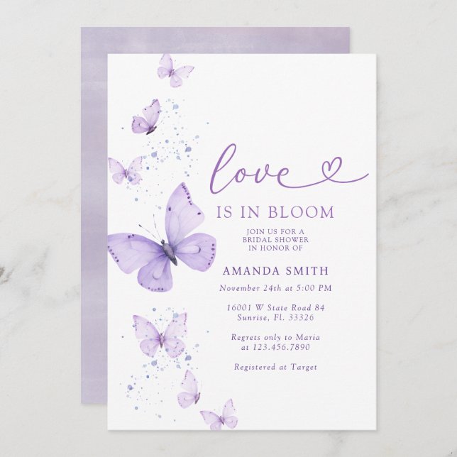 Lilac Butterfly Love In Bloom Bridal Shower  Invitation (Front/Back)