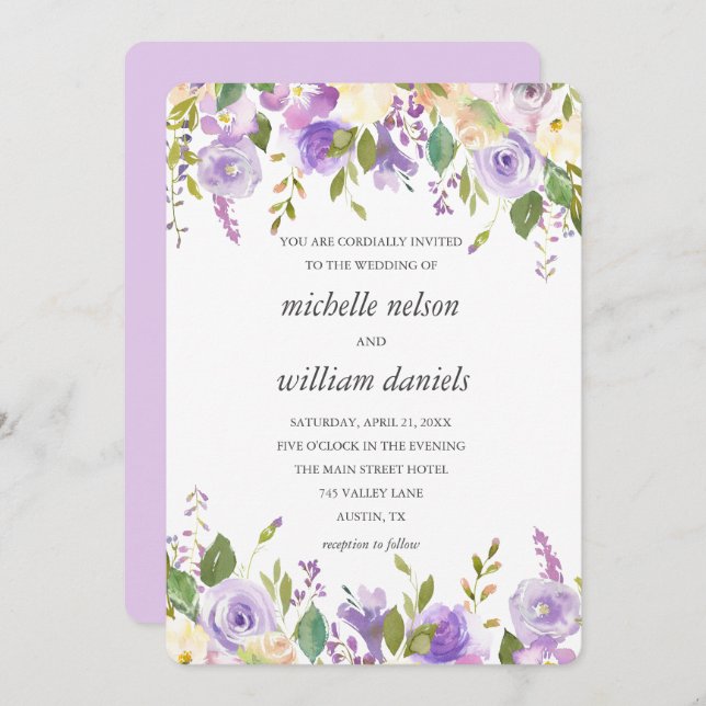 Lilac | Chic Lavender Watercolor Floral Wedding Invitation (Front/Back)